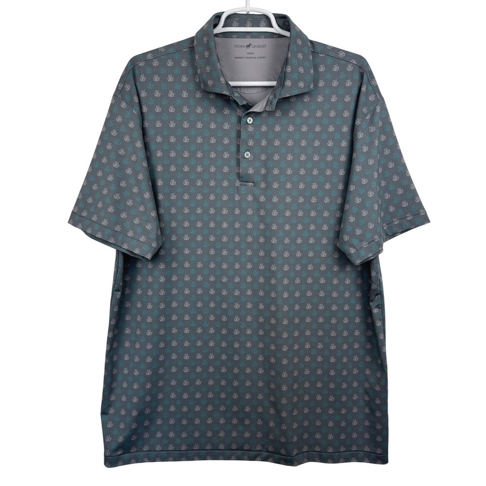 Horn Legend Mens L Bamboo Charcoal Luxury Polo Shirt Grey Bunny Print Stretch